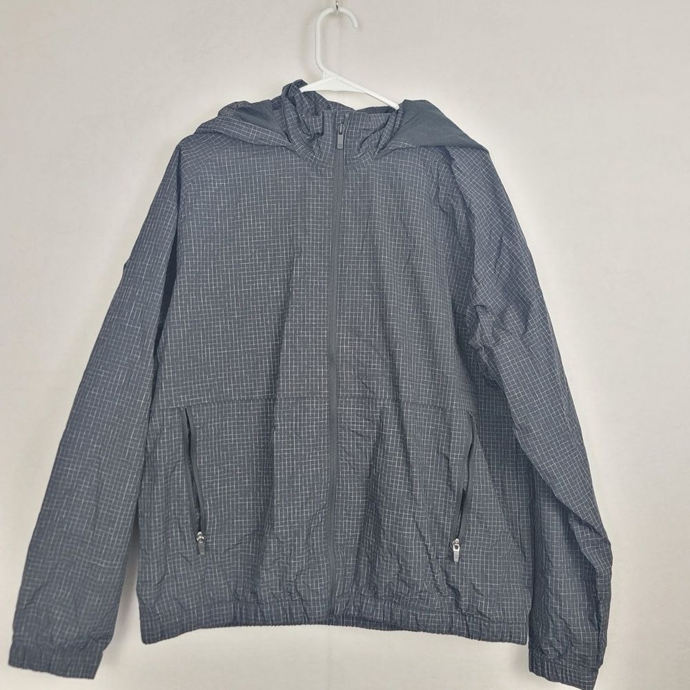 All in Motion Large Black Charcoal Striped Zippered Hood Rain Jacket Pockets